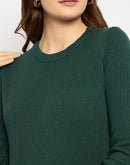 Madame Ribbed Cuffs Round Neck Bottle Green Sweater