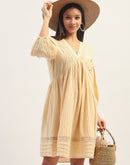 Madame Puff Sleeve Fit And Flare Cotton Beige Midi Dress