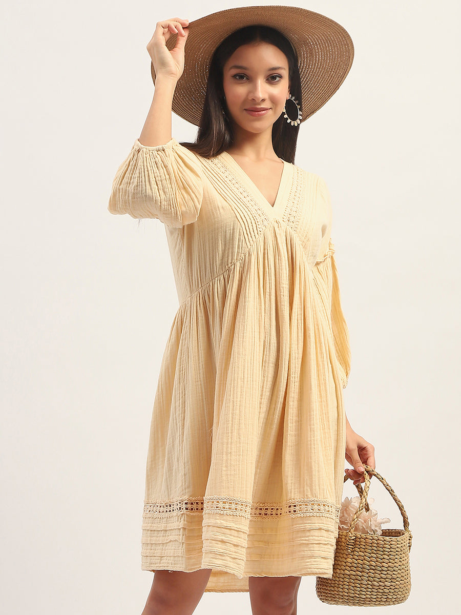 Madame Puff Sleeve Fit And Flare Cotton Beige Midi Dress