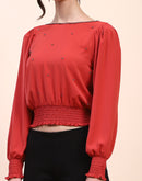 Camla Barcelona Embellished Boat Neck Cinch Waist Red Top