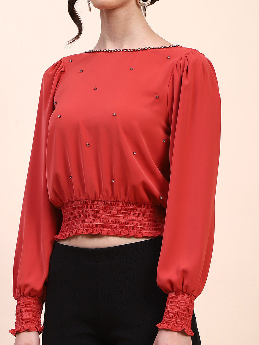 Camla Barcelona Embellished Boat Neck Cinch Waist Red Top