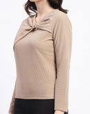 Madame Ring Detailed Embellished Asymmetrical Neck Solid Beige Top