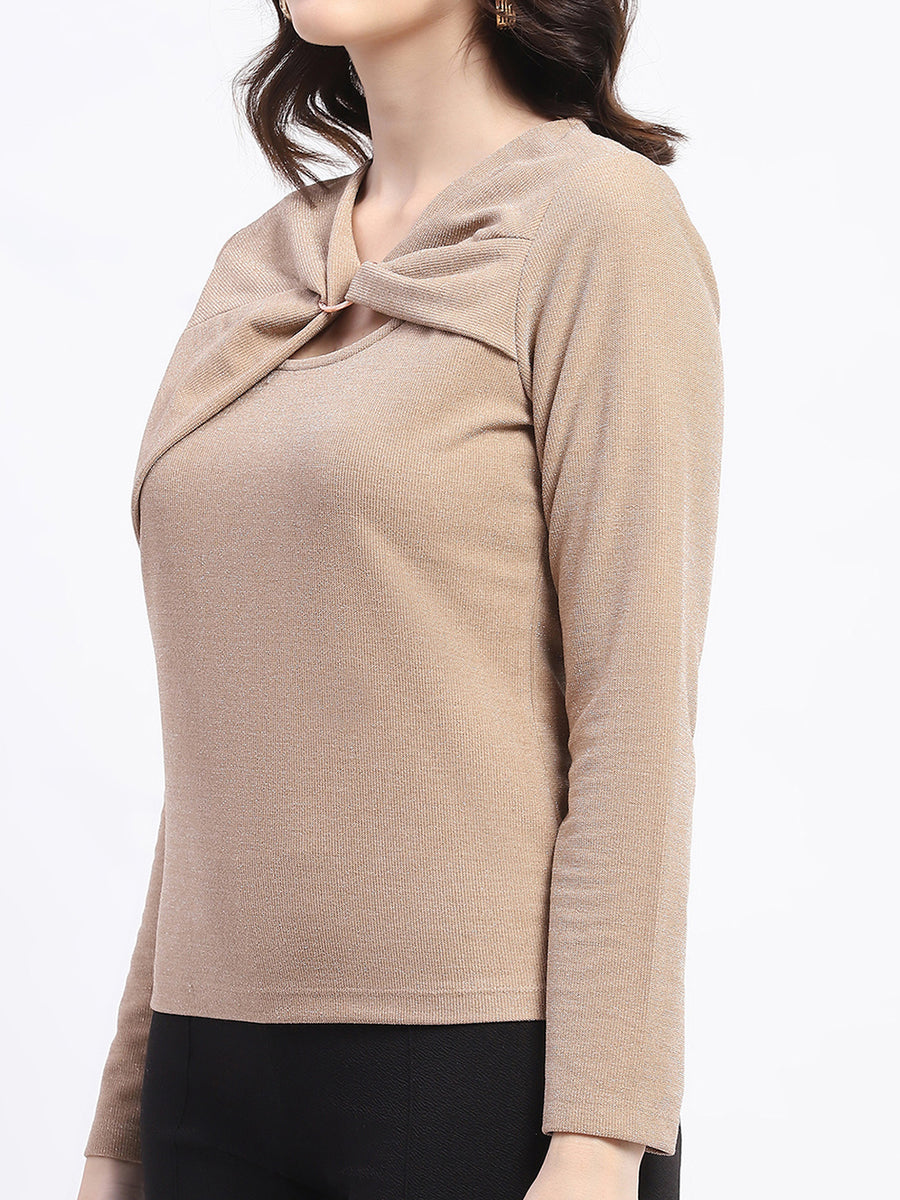 Madame Ring Detailed Embellished Asymmetrical Neck Solid Beige Top