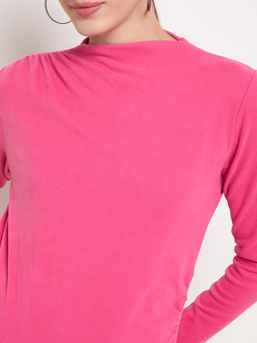 Madame Funnel Neck Full Sleeve Seam Detailed Solid Pink Knitted Top