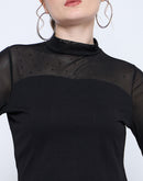 Madame Band Neck Embellished Solid Black Mesh Top