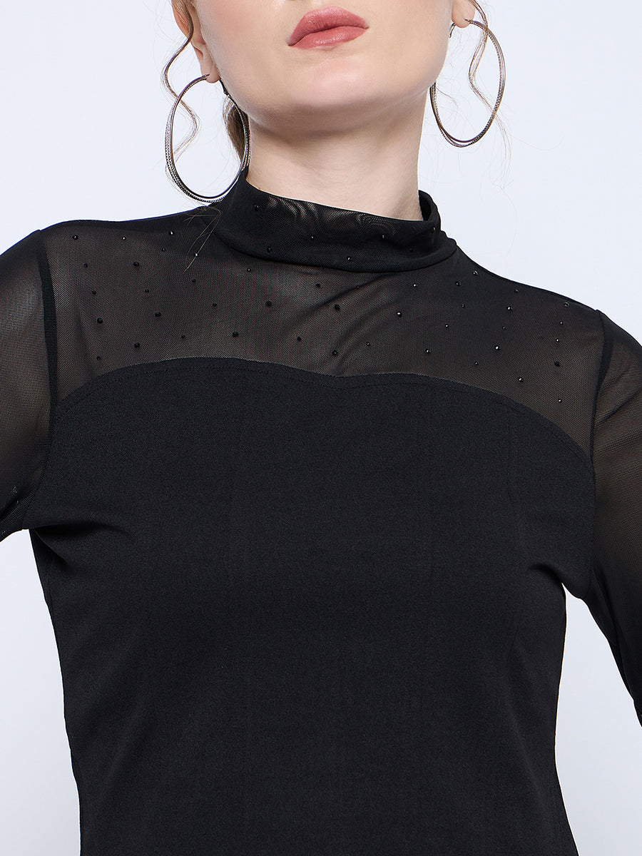 Madame Band Neck Embellished Solid Black Mesh Top