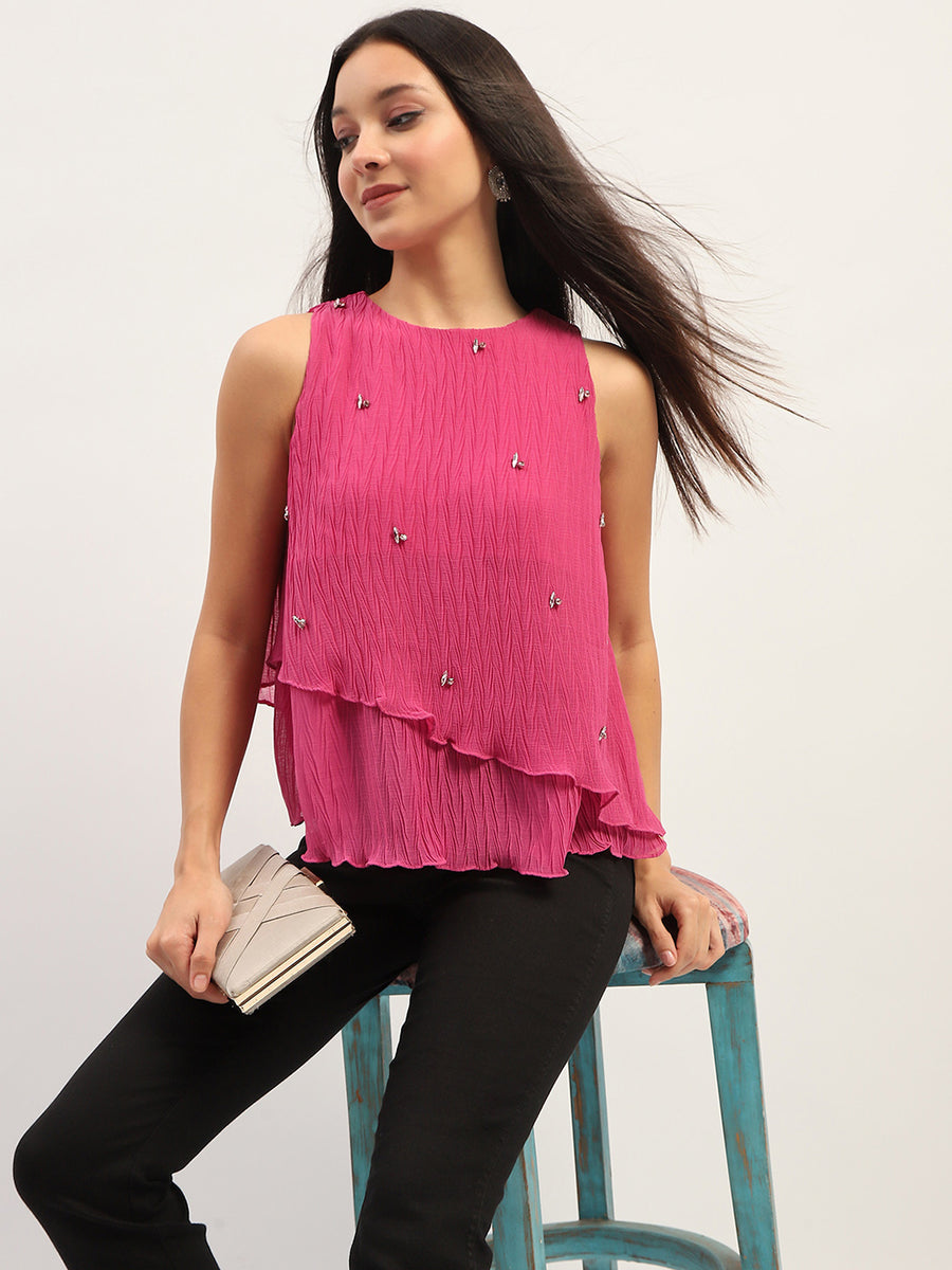 Madame Double Hem Embellished Pink Top