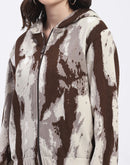 Madame All Over Print Zipped Brown Hooded Sweatshirt For Women