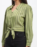 Madame Self Belted Waist Striped Green Shirt