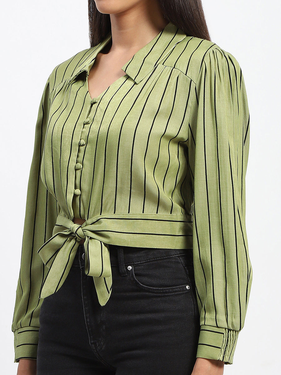 Madame Self Belted Waist Striped Green Shirt