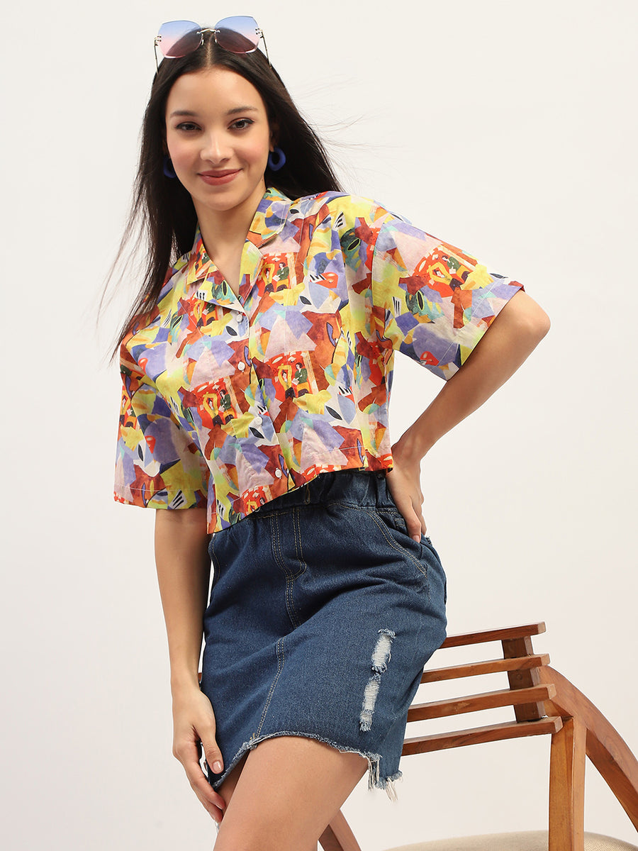 Madame Graphic Print Cotton Purple Cropped Shirt