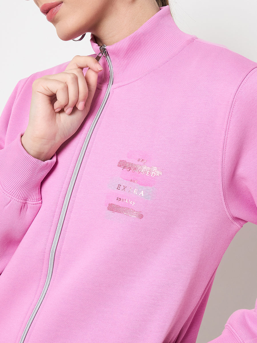 Madame Graphic Adorned Zipped Cotton Blend Pink Sweatshirt