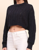 Camla Barcelona Cotton Cable Knit Navy Blue Crop Sweater
