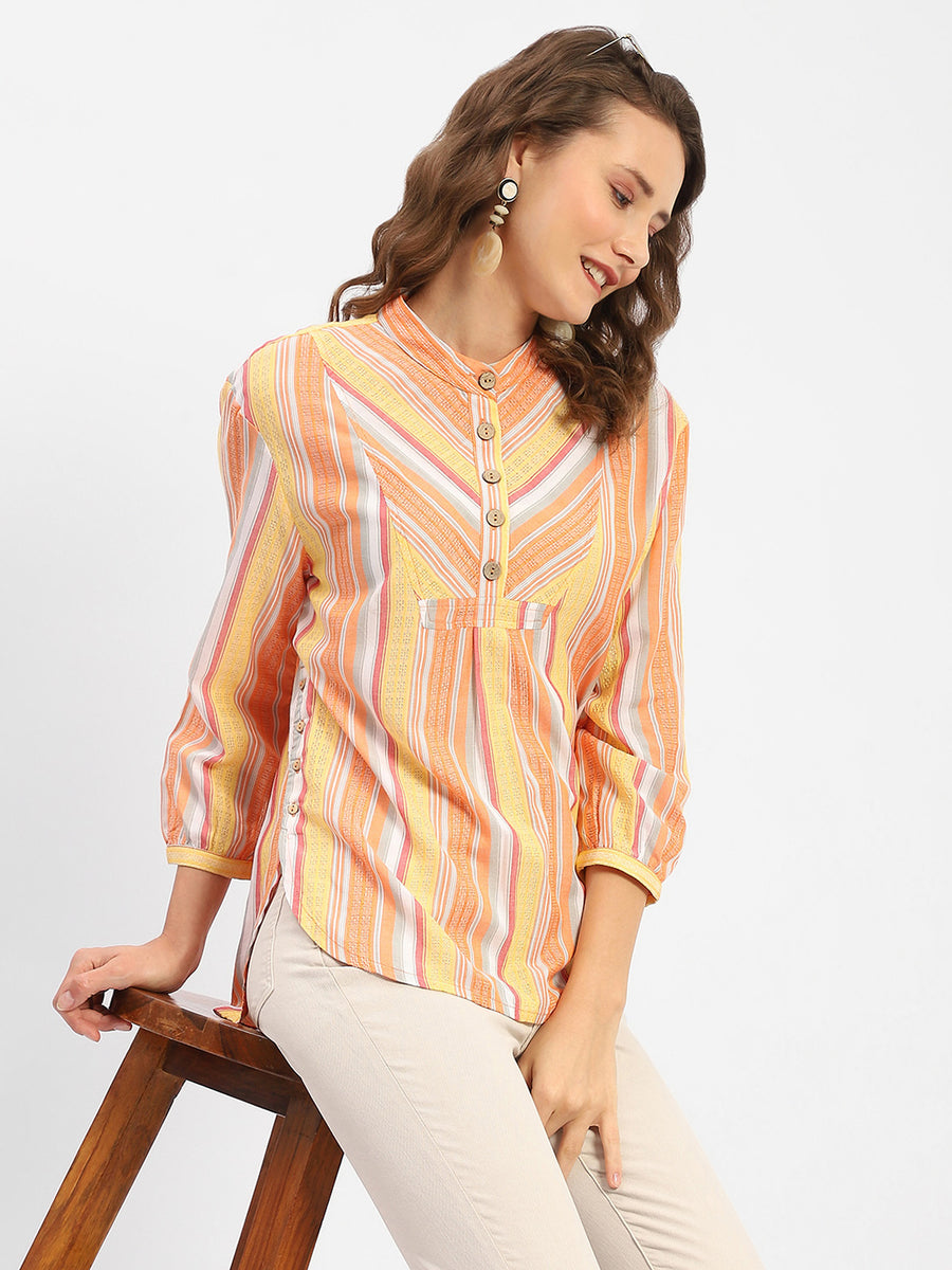 Madame Mandarin Collar Modal Cotton Striped Shirt