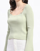 Madame Metal Accented Flounce Sleeve Mint Green Knit Top