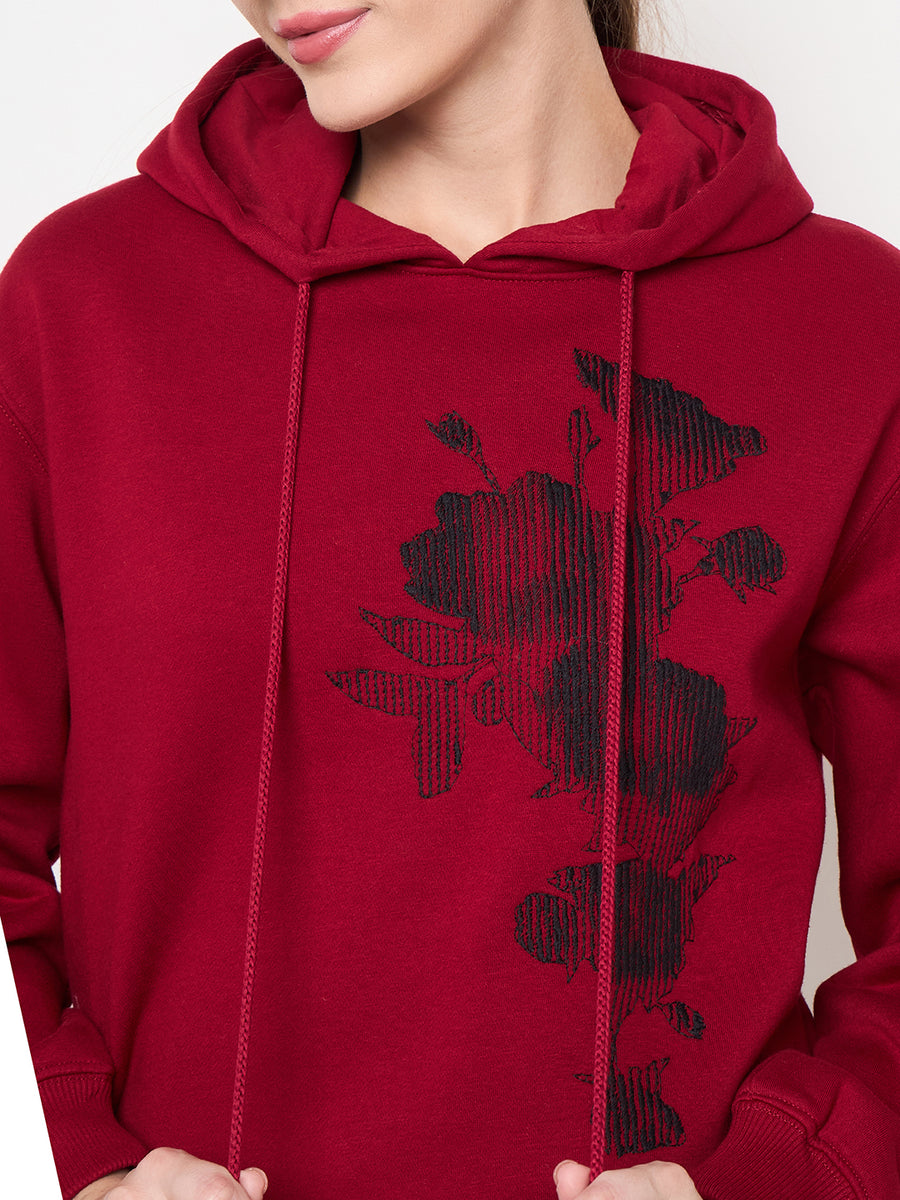 Madame Floral Print Adorned Cotton Blend Red Sweatshirt