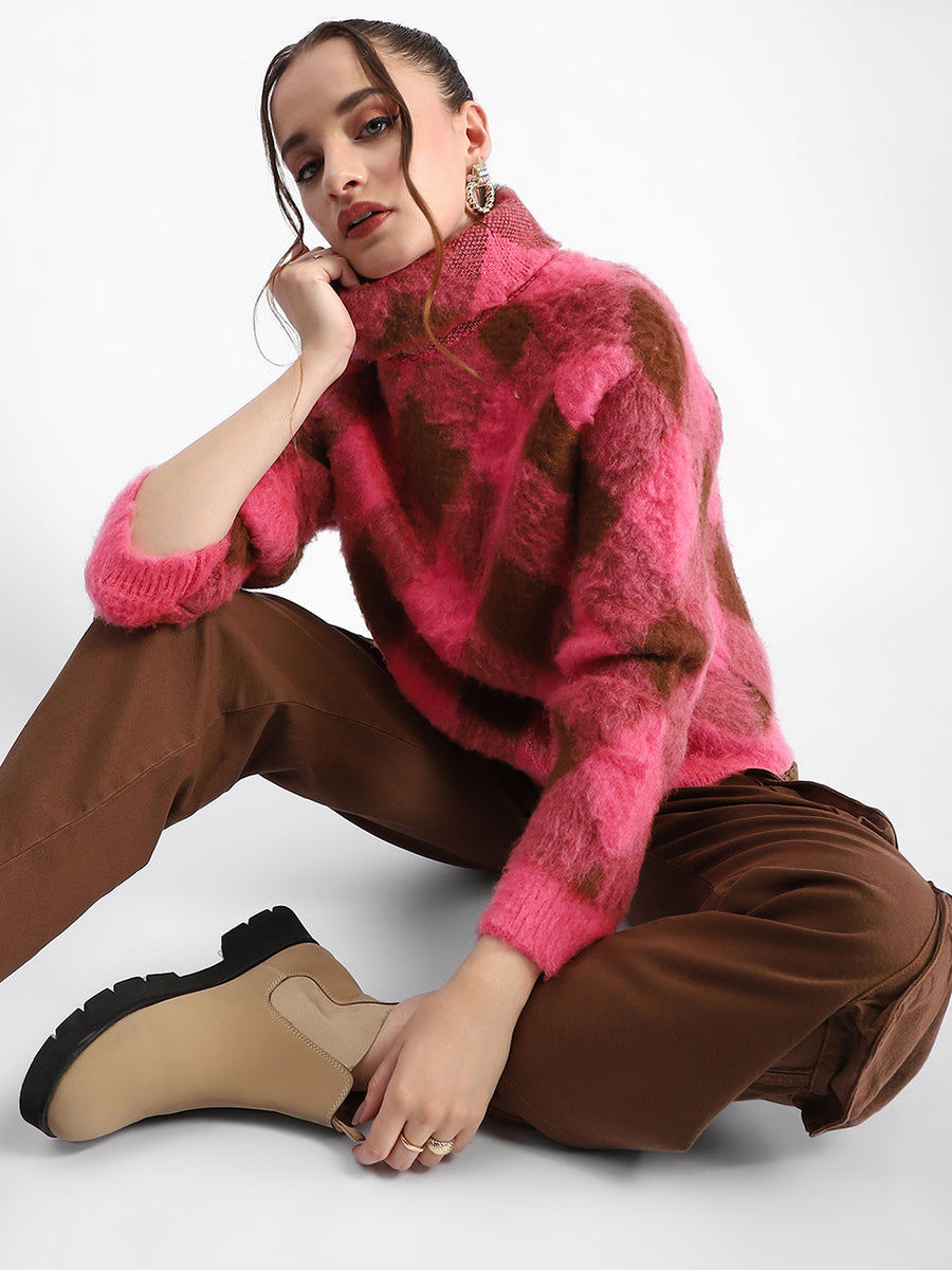 Madame Geometric Print Turtleneck Pink Sweater