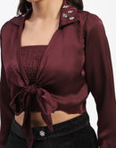 Madame Embellished Collar Front Knot Two Piece Maroon Crop Shirt