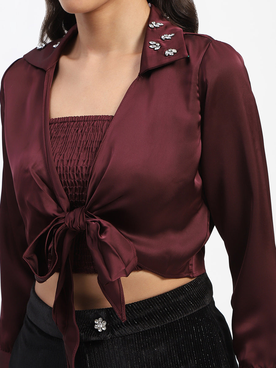 Madame Embellished Collar Front Knot Two Piece Maroon Crop Shirt