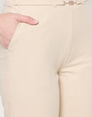 Madame Slash Pocketed Straight Fit Belted Solid Ivory Trousers