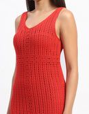 Madame V Neck Crochet Red Cotton Knitted Dress