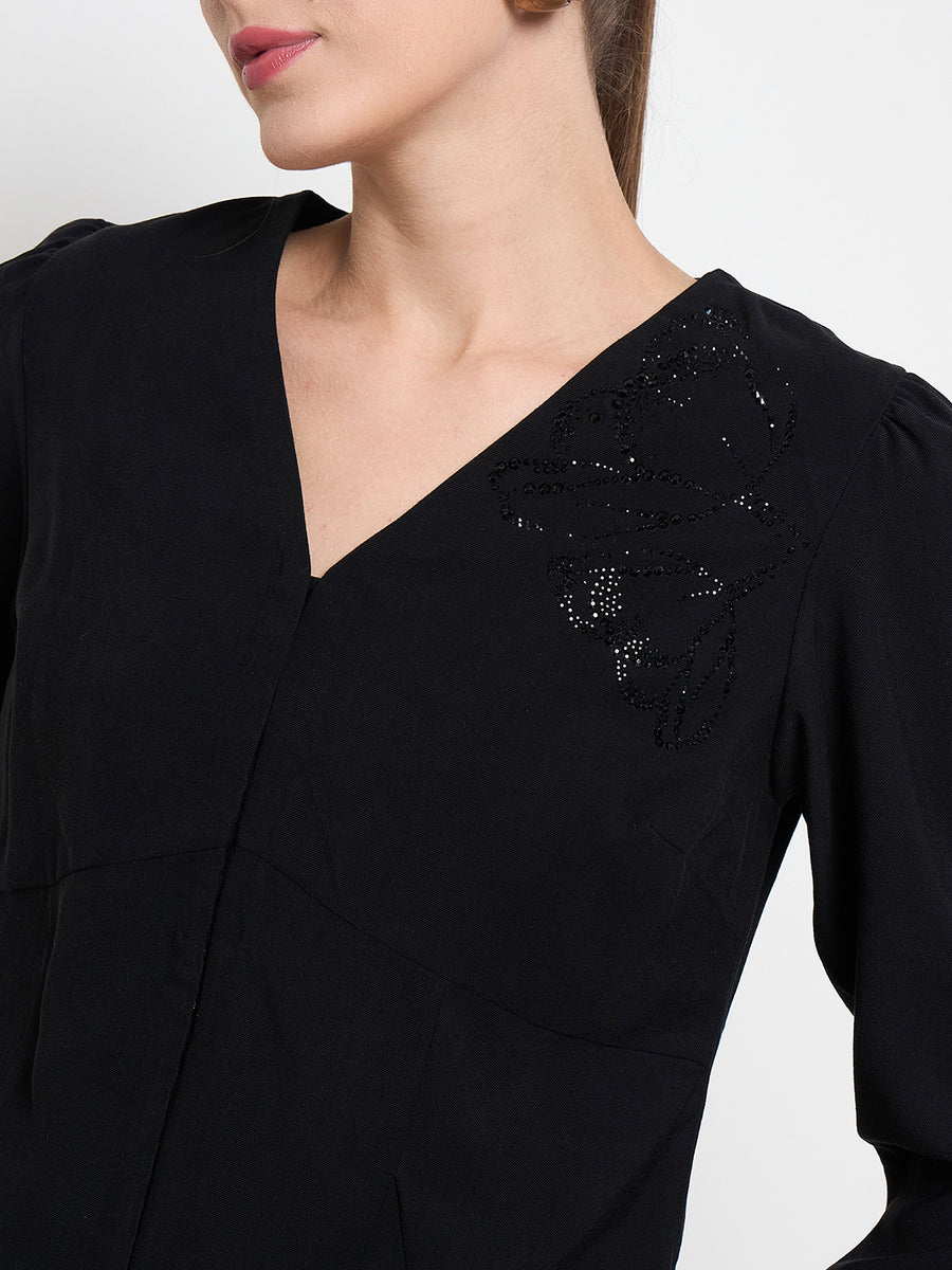 Madame Swarovski Detailed V Neck Solid Black Top