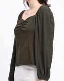 Madame Sweetheart Neck Elasticated Rush Detailed Solid Olive Knit moss Top