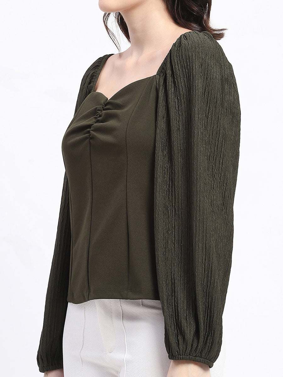 Madame Sweetheart Neck Elasticated Rush Detailed Solid Olive Knit moss Top