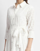 Madame White Schiffli Self Belted Midi Shirt Dress