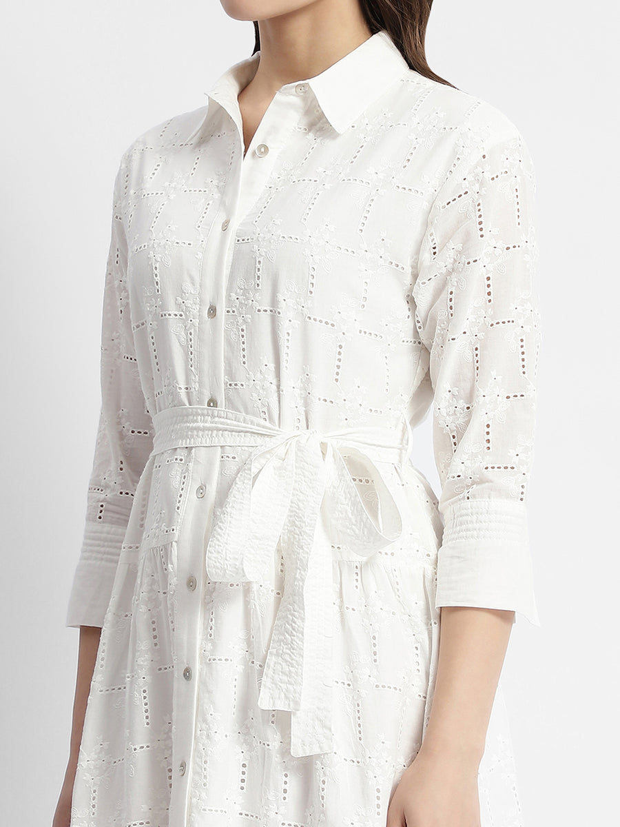 Madame White Schiffli Self Belted Midi Shirt Dress