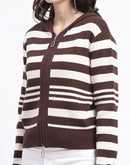 Madame Viscose Blend Zipped Chocolate Brown Striped Knitted Top