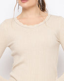 Madame Scalloped Neck Solid Beige Sweater