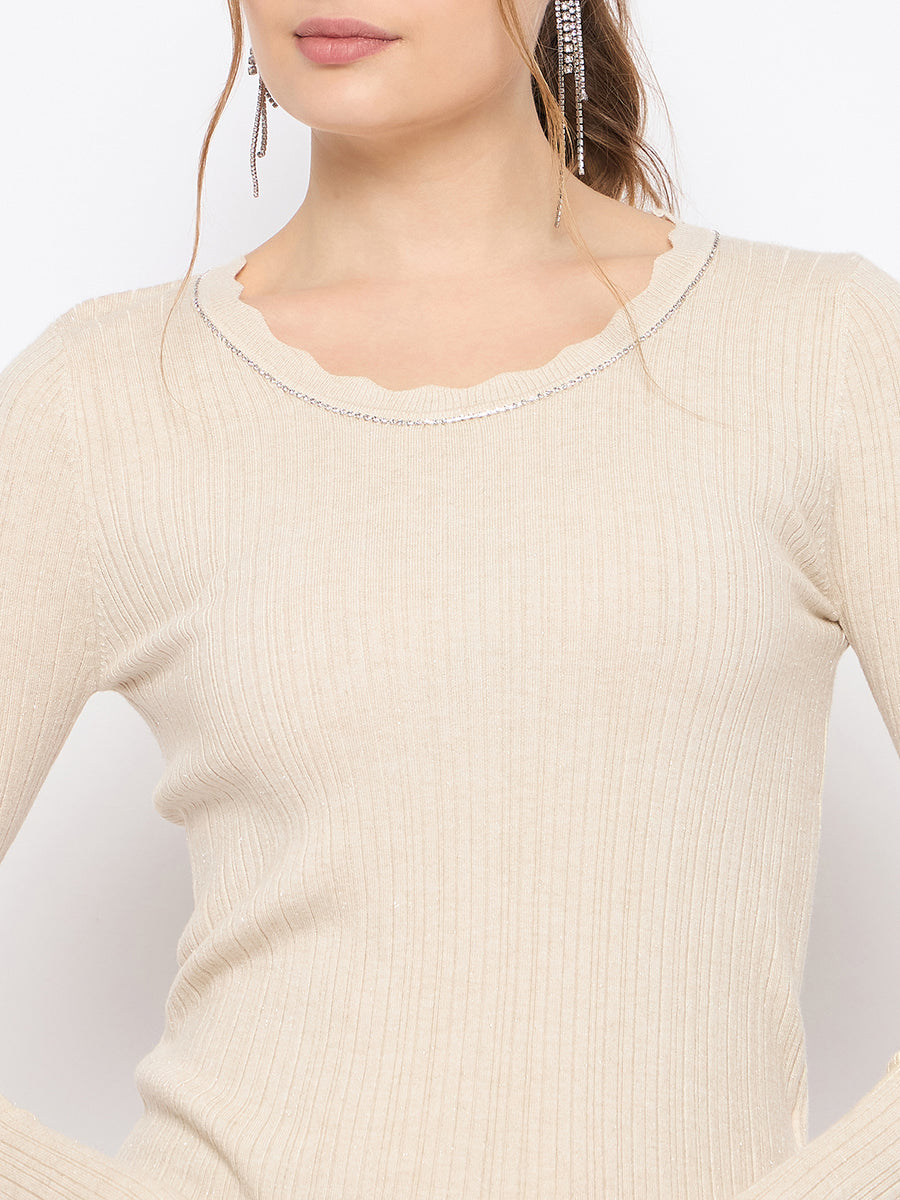 Madame Scalloped Neck Solid Beige Sweater