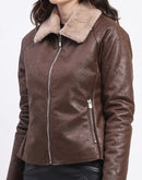 Madame Textured Self Design Brown Suede Jacket