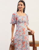 Madame Printed Fit And Flare Blue Cotton Maxi Dress