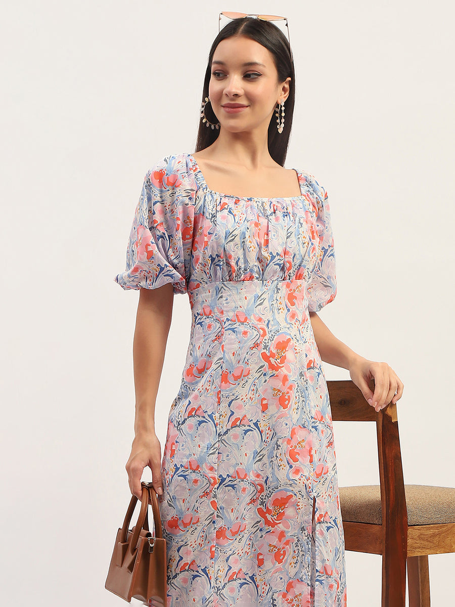 Madame Printed Fit And Flare Blue Cotton Maxi Dress