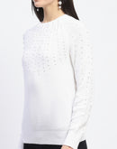 Madame Solid Full Sleeve Off White Knitted Top