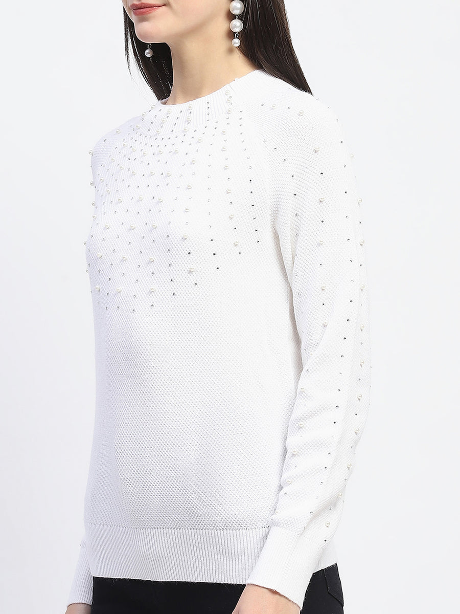 Madame Solid Full Sleeve Off White Knitted Top