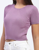 Madame Ribbed Round Neck Bodycon Solid Lilac Top