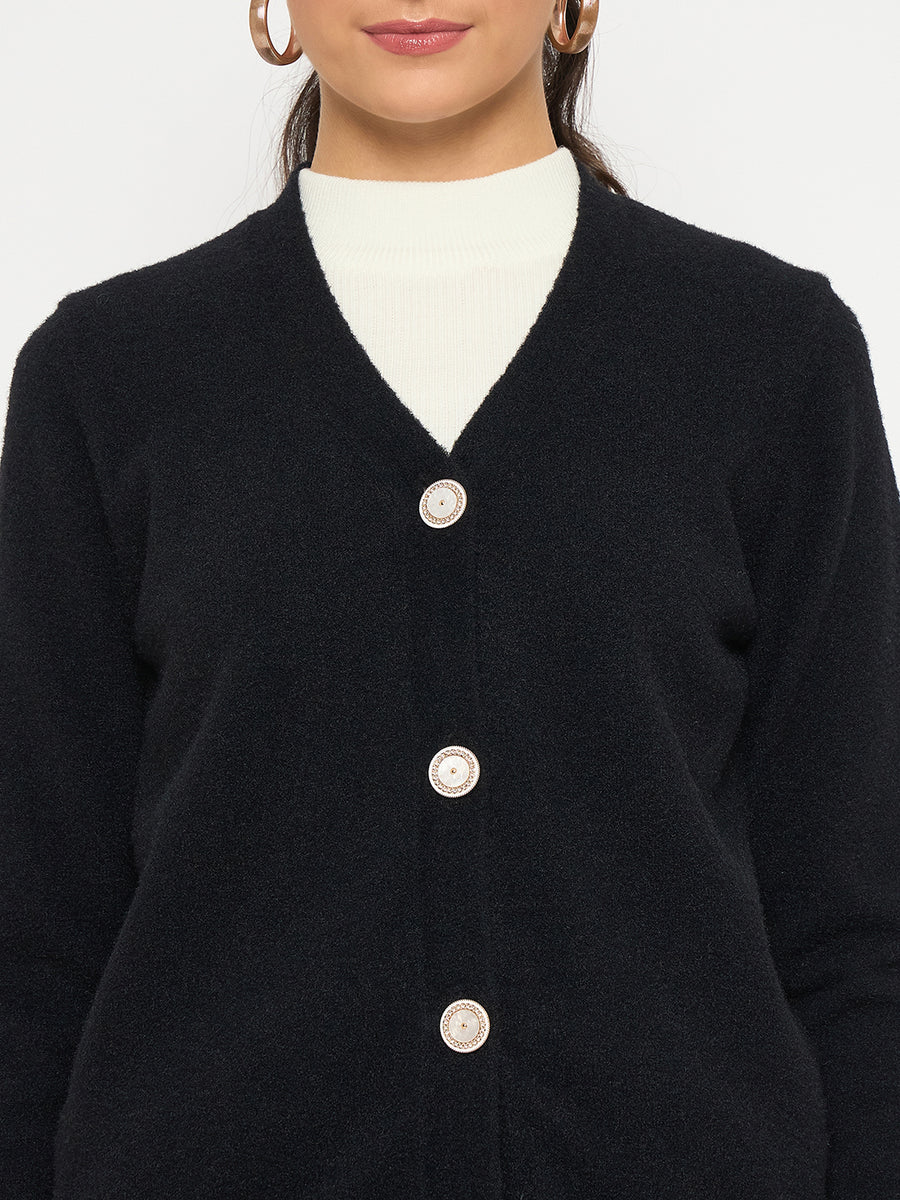 Madame V Neck Solid Black Cardigan