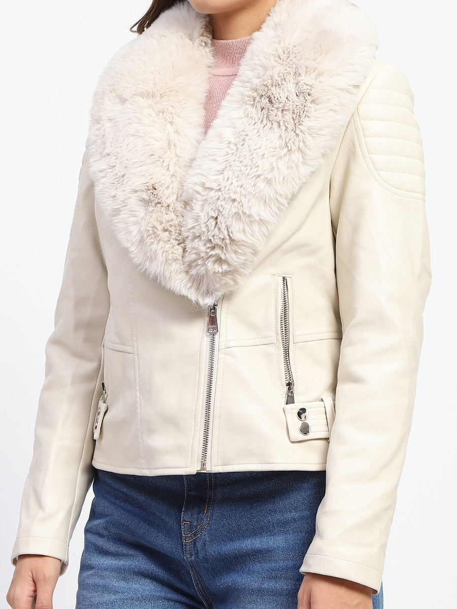 Madame Shanaya Kapoor Off White Faux Fur Trim Leather Jacket