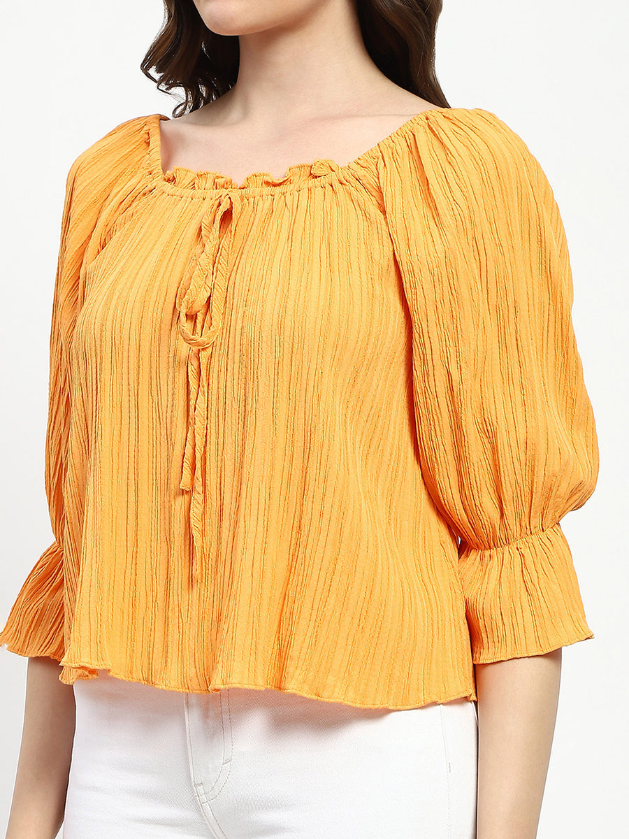 Madame Textured Cotton Blend Smocked Orange Top