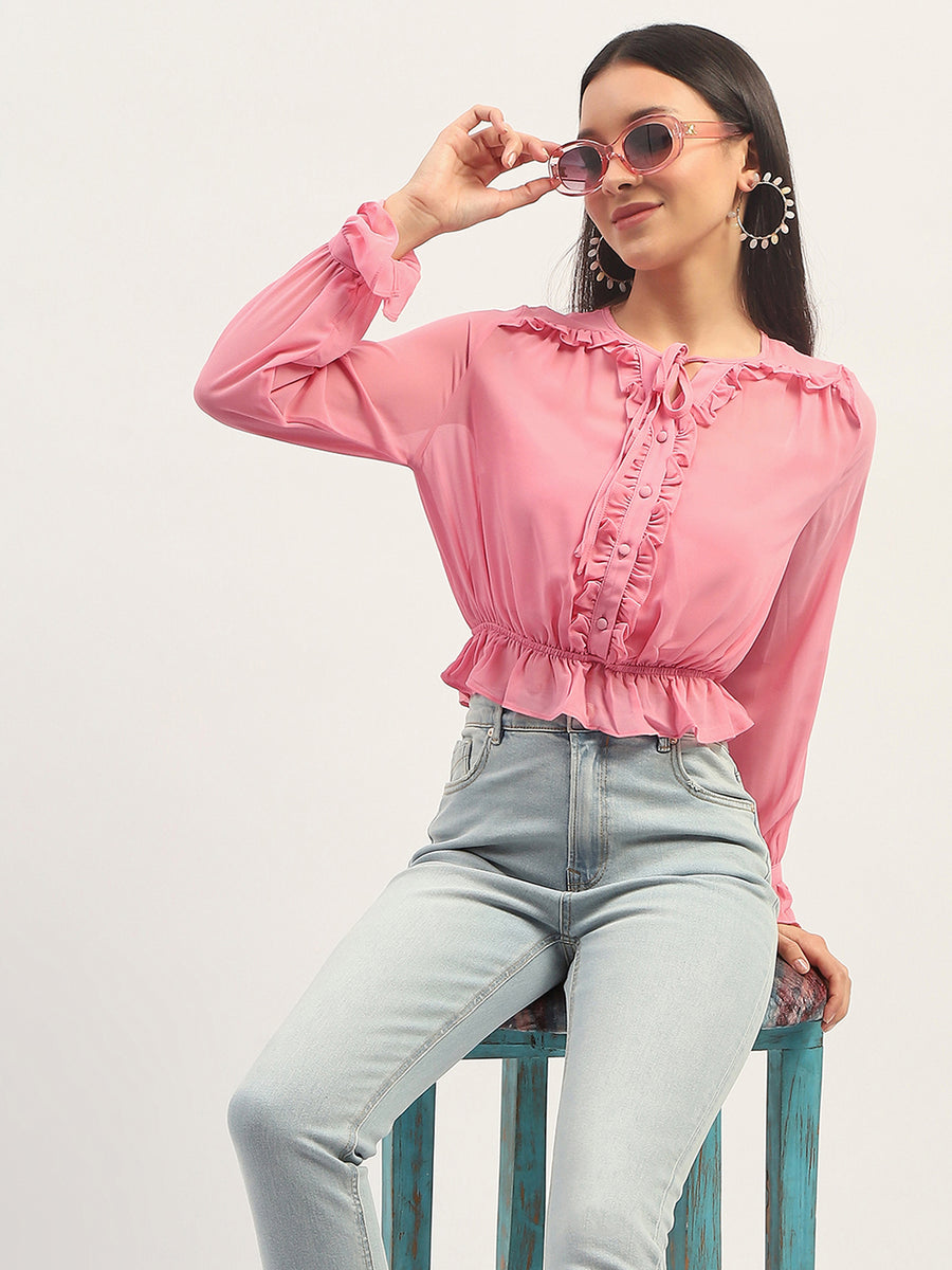 Madame Pink Ruffle Detailing Peplum Top