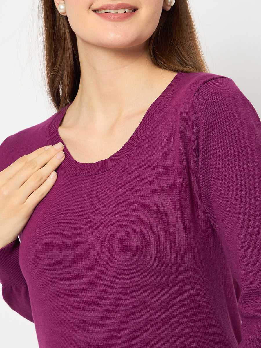 Madame Round Neck Ribbed Cuff Purple Sweater