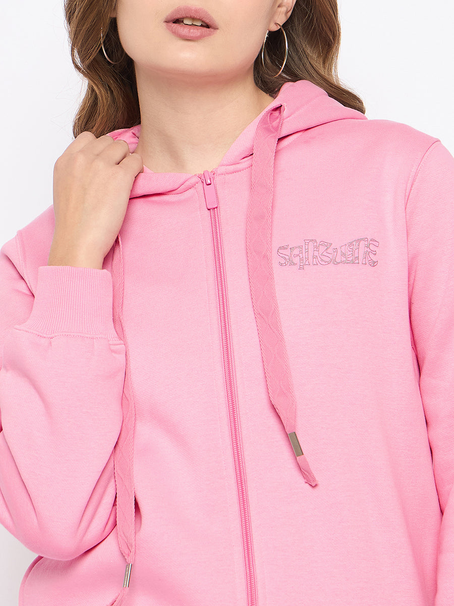 Madame Placement Print Detailed Pink Hooded Sweatshirt