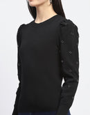 Madame Adorned Sleeves Solid Black Knitted Top