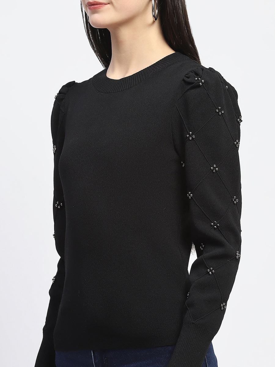 Madame Adorned Sleeves Solid Black Knitted Top