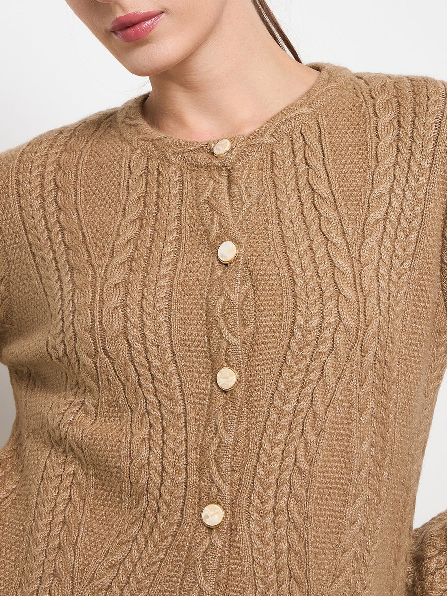 Madame Cable Knit Camel Acrylic Blend Cardigan