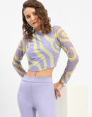 Madame Full Sleeve Wave Print Lilac Crop Top