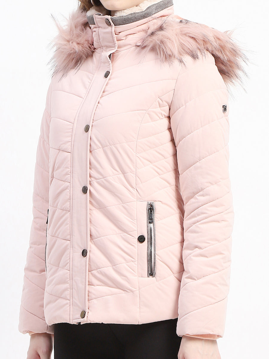 Madame Light Pink Faux Fur Hood Quilted Puffer Jacket